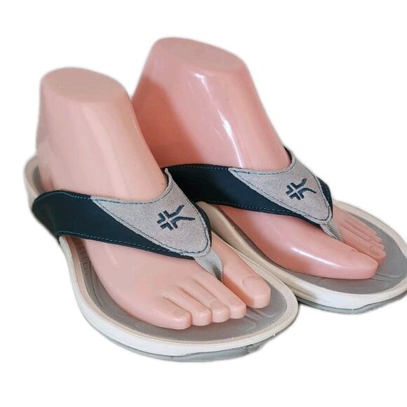 ALK Women's 8 Kuru Leather Slip On Thong Flip Flop Sandals Blue & Gray Slides - Picture 1 of 7